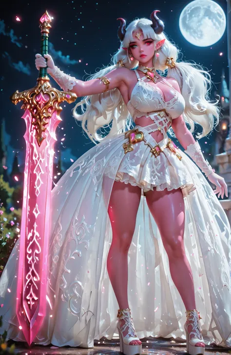 cancerprincess,reij-drsswhtrs, white harness dress, white long train, white platform heels, white lace gloves, white choker,BGMainFemale, Tiefling, 1girl, , demon horns, pointy ears,white dress, ball gown , white highheels, (see-through), ,Athletic build, ...