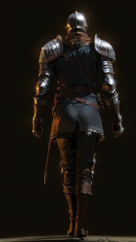  athletic body, toned body, alone, male, armor , armor, back view, walking, perspective, black background , intricate sketch, 2d, solo leveling art style, simple pose, elite_knight dark souls knight, armor, helmet, shoulder armor pauldrons, gauntlets, chai...