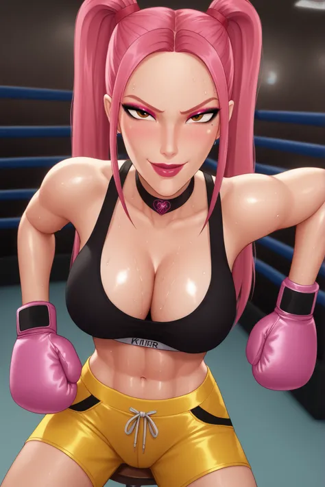 BREAK, score_6_up, score_7_up, score_8_up, score_9, 1girl, solo, kpdh_m1ra, long hair, dark pink hair, brown eyes, twintails, black choker, lipstick, makeup, official KPop Demon Hunters aesthetic, large breasts, busty, cleavage, curvy, athletic, looking at...