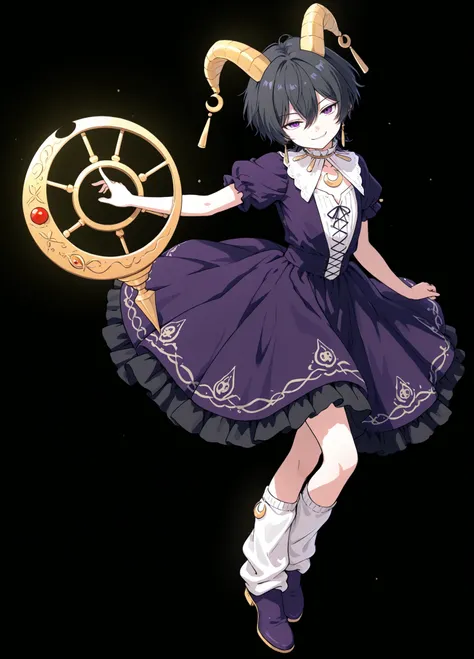 A young, androgynous figure with short, black hair, and piercing purple eyes, stands in a dynamic pose. Two small, yellow horns sprout from the top of the character's head, and the figure wears a mischievous smirk. The attire is a dark purple jester-style ...