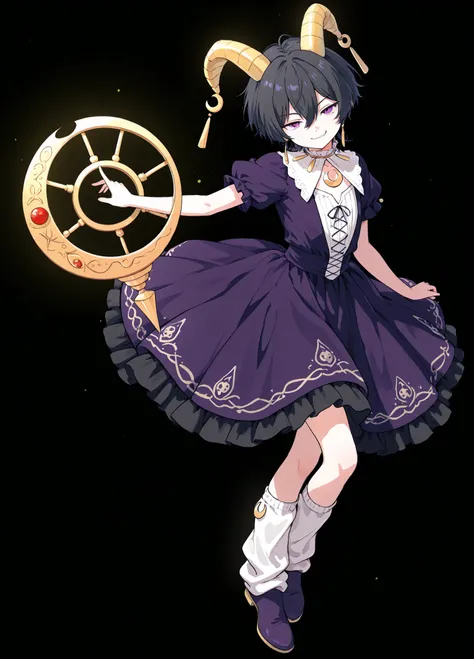 A young, androgynous figure with short, black hair, and piercing purple eyes, stands in a dynamic pose. Two small, yellow horns sprout from the top of the character's head, and the figure wears a mischievous smirk. The attire is a dark purple jester-style ...