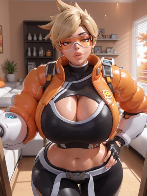 owtracer, le sserafim tracer, 1 girl, solo, blonde hair, spiky hair, orange glasses, earrings, crop top, cleavage cutout, puffy jacket, cropped jacket, leggings, 1girl, gigantic breasts, wide hips, gigantic thighs, narrow waist, belly, masterpiece, best qu...
