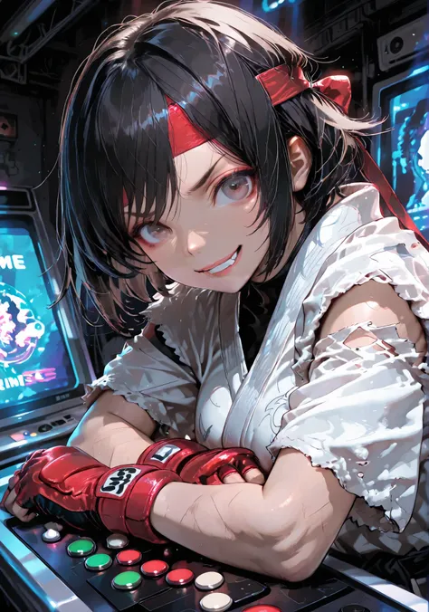 masterpiece、top quality、8k,dynamic pose、DYNAMIC ANGLE、(Woman watching from behind players playing an arcade fighting game), one woman (Judo uniform top and bottom，white gi with torn sleeves, red headband, red gloves with holes, (cosplayer of Ryu from Stree...