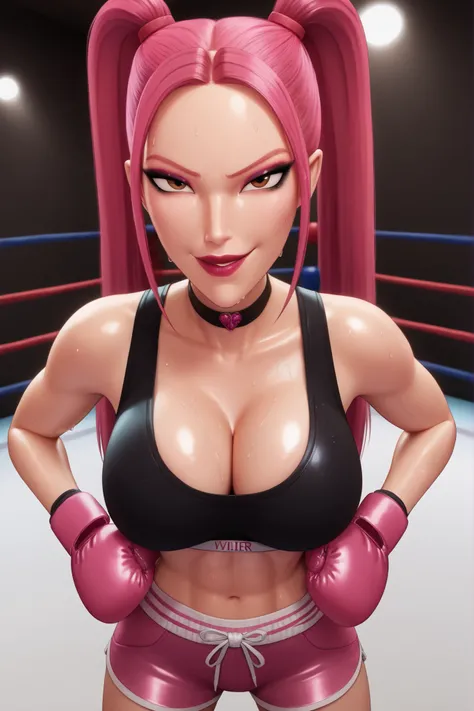 BREAK, score_6_up, score_7_up, score_8_up, score_9, 1girl, solo, kpdh_m1ra, long hair, dark pink hair, brown eyes, twintails, black choker, lipstick, makeup, official KPop Demon Hunters aesthetic, large breasts, busty, cleavage, curvy, athletic, looking at...