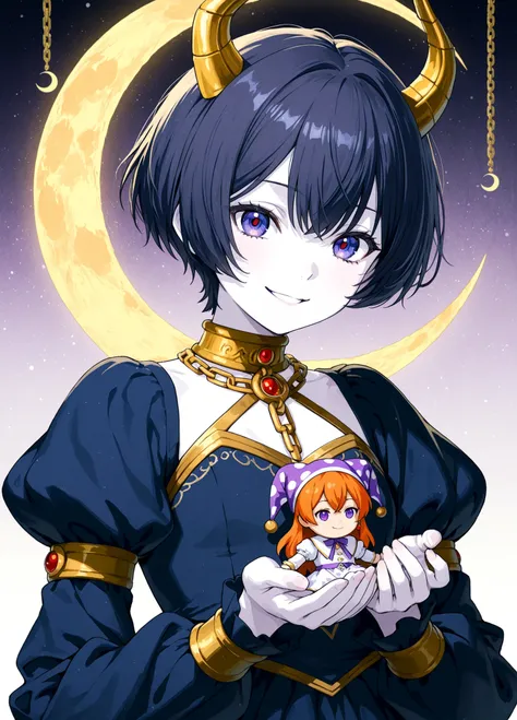 An anime-style illustration of a young person, likely in their late teens or early twenties, with pale skin and black, short hair. The character has violet eyes and is smiling slightly, with a mischievous expression. They wear a dark blue dress with yellow...