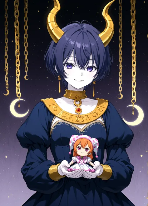 An anime-style illustration of a young person, likely in their late teens or early twenties, with pale skin and black, short hair. The character has violet eyes and is smiling slightly, with a mischievous expression. They wear a dark blue dress with yellow...