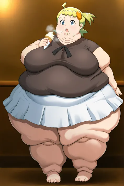 (masterpiece, ultra high definition, 16k, intricate), sharp focus, crisp details,
1girl, solo,
curvy, breasts, wide hips, zzBonnie, bonnie_(pokemon), blue eyes, ahoge, blonde hair, hair ornament, short hair, side ponytail, brown shirt, white skirt, breasts...