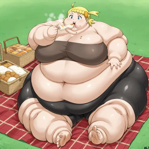 zzBonnie, bonnie_(pokemon), blue eyes, ahoge, blonde hair, hair ornament, short hair, side ponytail,
tube top, bike shorts, fat, chubby, obese, fat neck, multiple chins, big breasts open mouth, out of breath, Larger female, full body shot, only head, large...
