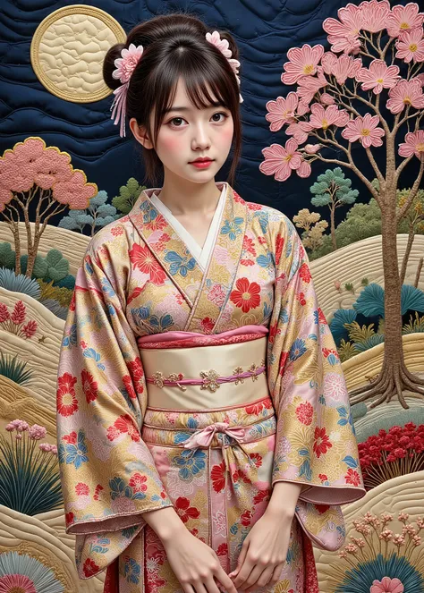 ((最high quality、masterpiece、high sensitivity、High fines、Detailed explanation、Detailed drawing 、Ｆvalue：4.0)),patchwork quilt world, handmade style,(( Kimono、Kimono美人、Japanese woman、16 years old、Cowboy Shots)),（up hair、Hairpin、Beautiful girl wearing Japanese...