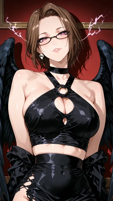 solo, tomoe (accelerando), purple eyes, brown hair, short hair, glasses, mature woman, Tight waist、Small waist、shiny Skin , (upper body), sexy, (adult woman, 25+), score_9, score_8_up, score_7_up, source_anime,(extremely detailed CG), (best quality), dark...