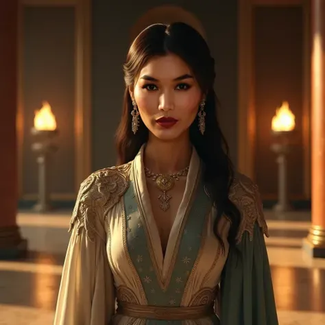 realism, masterpiece, ultra-detailed, (Gemma Chan:1.2) as Aurelie Donans, elegant refined figure with smooth dark hair, luminous intelligent eyes, poised posture, wearing flowing high-status robes embroidered with silver patterns and dragon-crest jewelry, ...