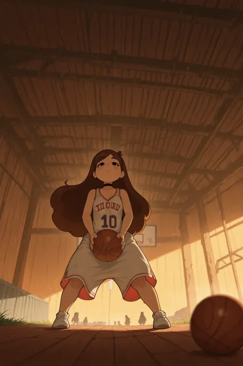 Mabel Pines, blush stickers, brown hair. black eyes. half-closed eyes, small breasts, huge hips. long eyelashes, choker. |Slam Dunk: The Future Court — abandoned basketball hall at golden hour, where nature slowly reclaims the space. In the center, a solit...