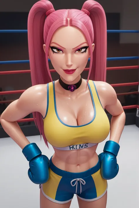 BREAK, score_6_up, score_7_up, score_8_up, score_9, 1girl, solo, kpdh_m1ra, long hair, dark pink hair, brown eyes, twintails, black choker, lipstick, makeup, official KPop Demon Hunters aesthetic, large breasts, busty, cleavage, curvy, athletic, looking at...