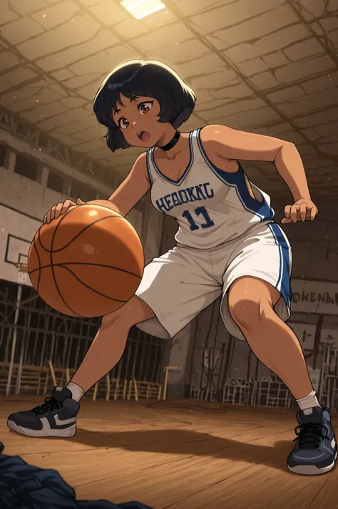  totally_spies_2k24 alex, black hair, short hair, brown eyes, dark-skinned female, pink lips, medium breasts, choker. | Slam Dunk: The Future Court — abandoned basketball hall at golden hour, where nature slowly reclaims the space. In the center, a solitar...
