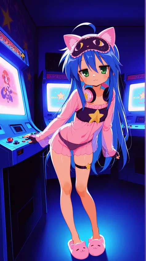 izumi konata \(lucky star\) a young female gamer sit on an arcade chair, Sit and play on an arcade machine, headphones around neck. wearing a dark blue and pink striped. and black-framed glasses. matching sleep mask on head fluffy slippers with tiny star ...
