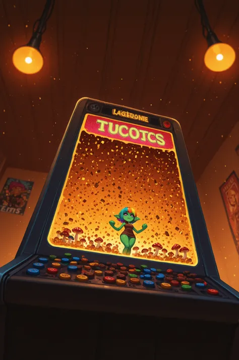 female punk, rainbow colors hair, very short hair, black eye , facial piercings, eye makeup, small breasts, meduim hips, (goblin girl:1.0) (shortstack:1.0) (green skin:1.0) (pointy ears:1.0) (wide hips:1.0)| Environment: neon‑lit arcade space with rows of ...