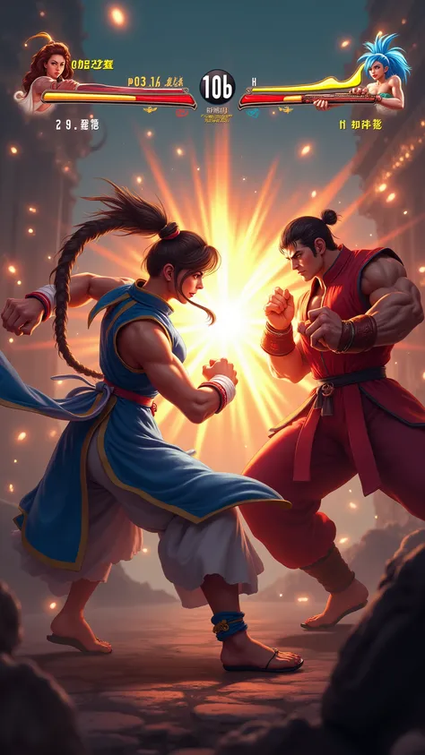 highdefinition picture、Street Fighter on old arcade game consoles、Screen-filled battle scenes、Chun-li doesn't take damage even after receiving Guy's Sonic Boom、