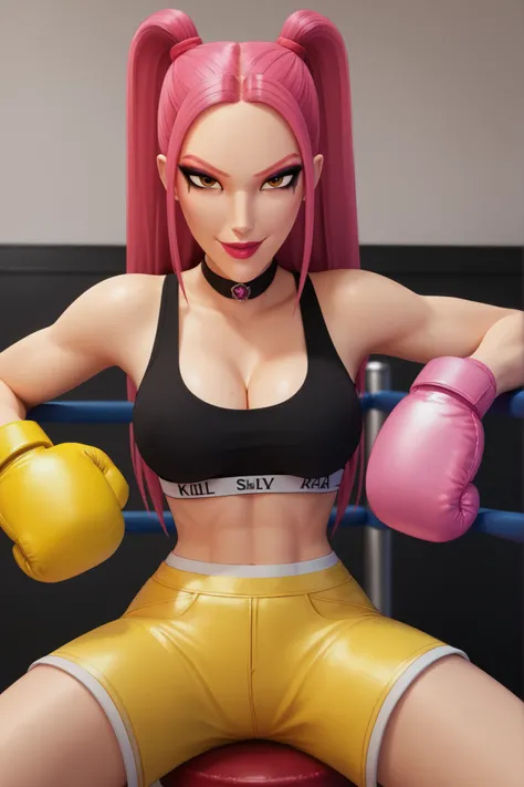 BREAK, score_6_up, score_7_up, score_8_up, score_9, 1girl, solo, kpdh_m1ra, long hair, dark pink hair, brown eyes, twintails, black choker, lipstick, makeup, official KPop Demon Hunters aesthetic, large breasts, busty, cleavage, curvy, athletic, looking at...