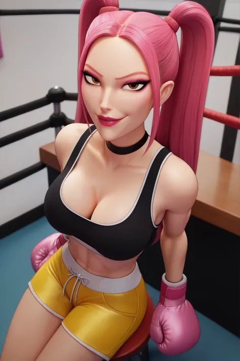BREAK, score_6_up, score_7_up, score_8_up, score_9, 1girl, solo, kpdh_m1ra, long hair, dark pink hair, brown eyes, twintails, black choker, lipstick, makeup, official KPop Demon Hunters aesthetic, large breasts, busty, cleavage, curvy, athletic, looking at...