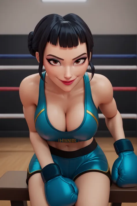 BREAK, score_6_up, score_7_up, score_8_up, score_9, 1girl, solo, kpdh_z0ey, black hair, short hair, hair bun, brown eyes, blunt bangs, lipstick, makeup, official KPop Demon Hunters aesthetic, large breasts, busty, cleavage, curvy, athletic, looking at view...