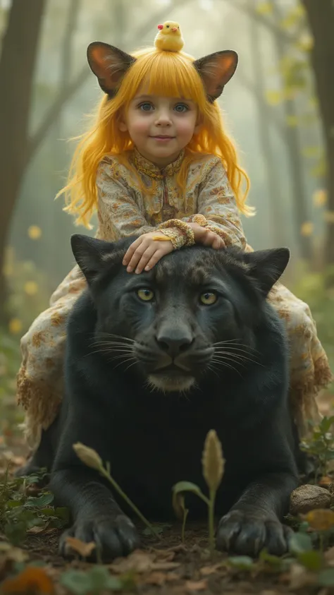 highdefinition picture、Girl with cat ears on a trimmer、wears a yellow chick accessory on a large black leopard、