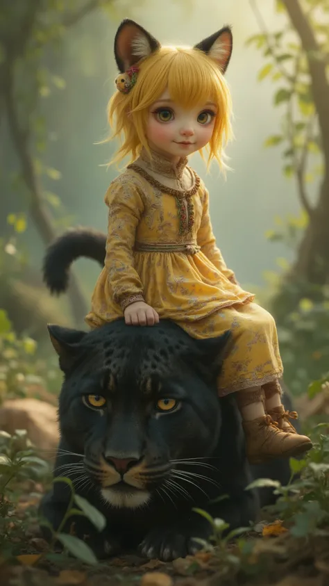 highdefinition picture、Girl with cat ears on a trimmer、wears a yellow chick accessory on a large black leopard、