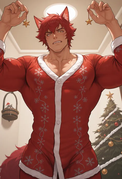 1 , alone)), wolf ears and tail, Sett league of Legends hearthsteel, baggy clothes,Christmas’s pyjama clothes, in a room, arranging your Christmas tree , Putting ornaments on the Christmas tree, Christmas vibe, cinematic light, view from a good angle, high...