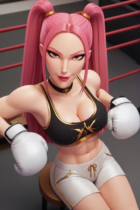 BREAK, score_6_up, score_7_up, score_8_up, score_9, 1girl, solo, kpdh_m1ra, long hair, dark pink hair, brown eyes, twintails, black choker, lipstick, makeup, official KPop Demon Hunters aesthetic, large breasts, busty, cleavage, curvy, athletic, looking at...