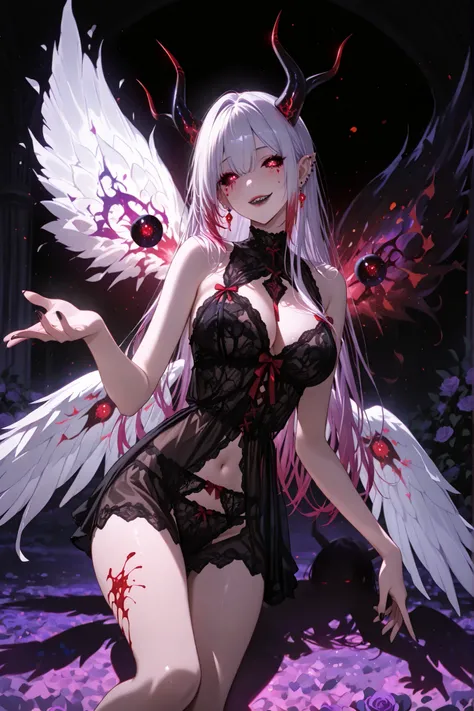 One character, focus on a single character, vibrant colors, silhouette, insane, dark art, madness, bright eyes, wide smile, sharp teeth, detailed teeth, purple theme, glowing horns, two pairs of horns, pair of pointed horns, demonic horns, pair of circular...