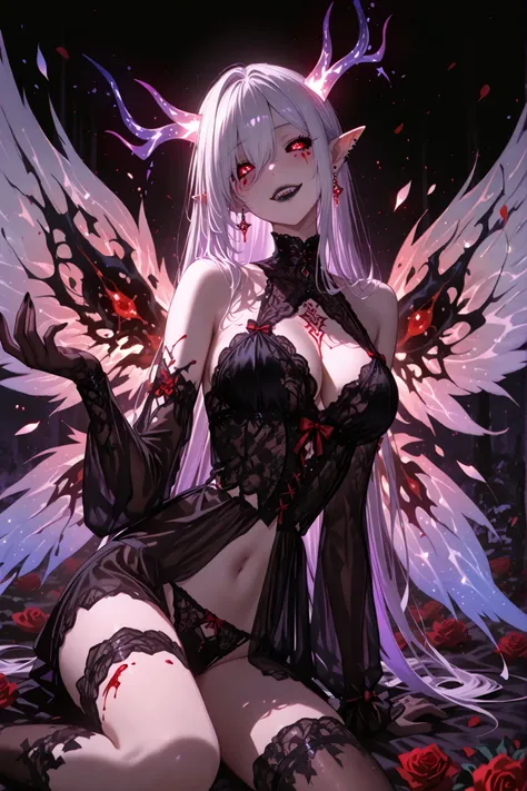 Gothic,goth,elf,One character, focus on a single character, vibrant colors, silhouette, insane, dark art, madness, bright eyes, wide smile, sharp teeth, detailed teeth, purple theme, glowing horns, two pairs of horns, pair of pointed horns, demonic horns, ...