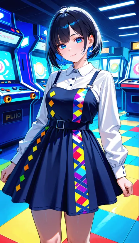 ((Photo RAW), absurdres, (absurd resolution)), ((hyperrealism, photorealistic)), (Top quality, 16K, masterpiece, ultra detailed) (Beautiful girl ,  21 years old), (blue eyes), (black hair), (made-up), (Outfit: dress, Pantantalones), (standing next to an Ar...