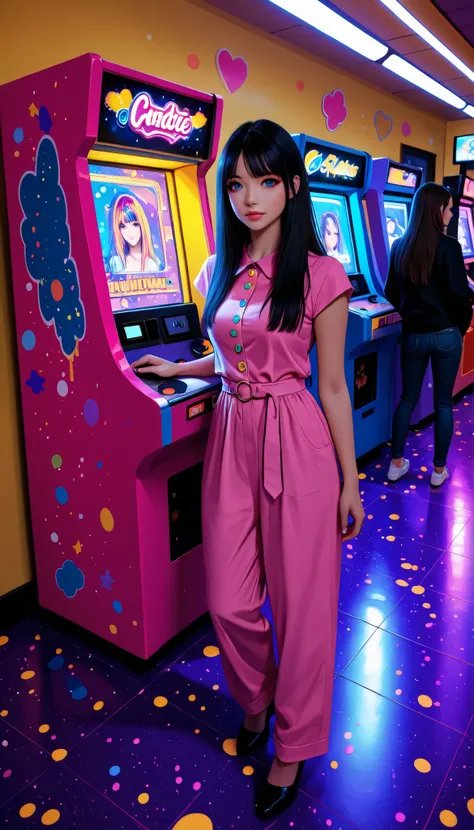 ((RAW Photo), Absurdities, (Absurd Resolution)), ((Hyperrealism, Photorealism)), (Maximum Quality, 16k, Masterpiece, Ultra Detailed) (beautiful girl, 21 years old), (blue eyes), (black hair), (wearing makeup), (outfit: dress, pants), (standing next to an a...