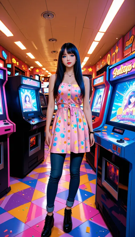 ((RAW Photo), Absurdities, (Absurd Resolution)), ((Hyperrealism, Photorealism)), (Maximum Quality, 16k, Masterpiece, Ultra Detailed) (beautiful girl, 21 years old), (blue eyes), (black hair), (wearing makeup), (outfit: dress, pants), (standing next to an a...