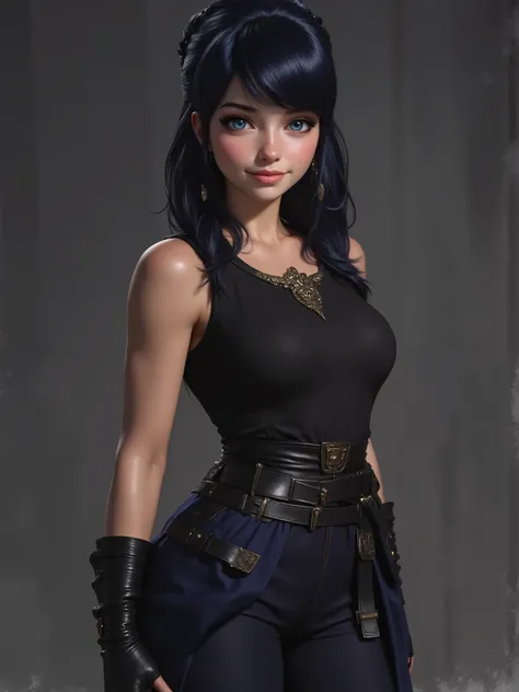 realistic cartoon, marinette Dopanchan, A very beautiful and cute 22 year old woman with a slight smile. (((Shy smile))), sharp focus on the face, (Western eyes:1.5), (Extremely detailed blue eyes:1.5), (((beautiful eyes, beautifully detailed eyes))), (((d...