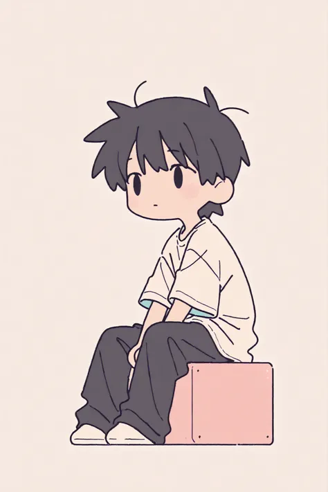 solo, chibi only, chibi,1man, anime style, plain white Long T-shirt、black pants, soft finish with pastel colors、white background, soft lighting, flat color with clean lines, Stylish, Minimalistic Design, top quality, masterpiece,short black hair, Monotone,...