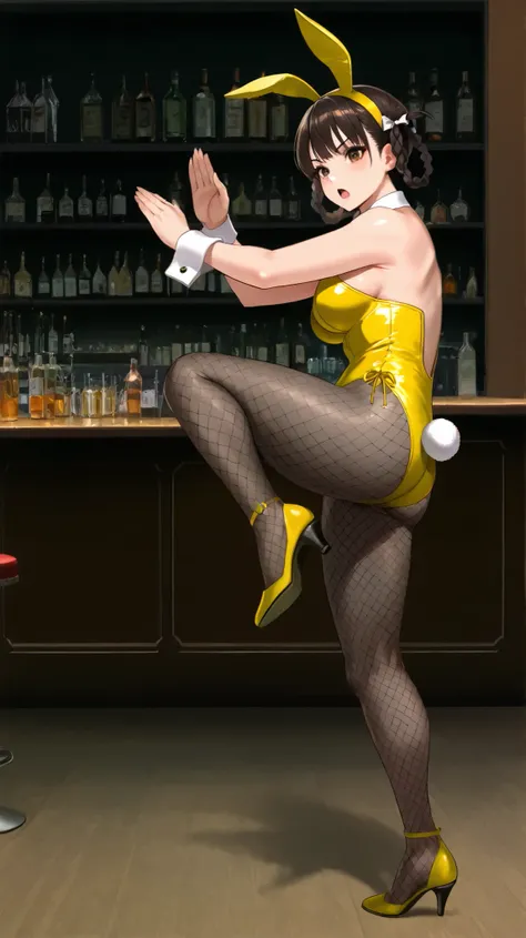 ((((Masterpiece)))), (((( top quality)))), high definition,fine grain, detailed face , ,1girl,,,,, black hair, side braids, twin braids, braided hair rings, (brown eyes,,,,,,beautiful eyes:1.0), bangs,slender,,,,,,,, leifan, ,,,cleavage,,,,yellow bunny...