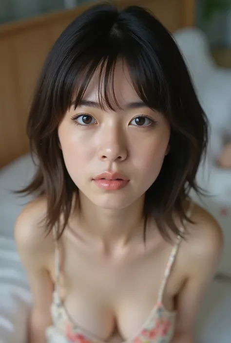 (( premium quality,  8k )), ((masterpiece)), ( details),    、dark hair,  Japanese Girl,   first-person view   ,One Woman, plump girl , petite girl ,   sexy,(  full nude,  in the bedroom),(((    very large breasts,  full nude,  beautiful breasts, short bob ...