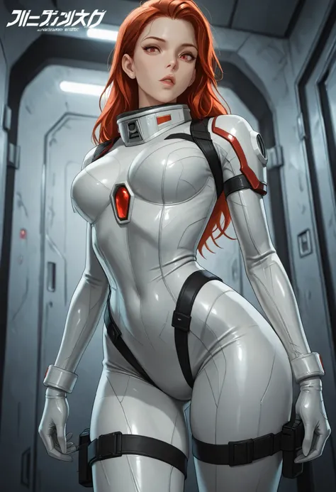 high resolution images, masterpiece, Highest Quality, amazing quality, official art, Highly detailed, Wallpaper, 1 girl, slender, wide hips, (slim thighs), A very attractive and slim woman wearing a tight spacesuit walks through the corridors of an abandon...
