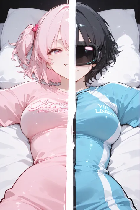 VR SHORT HAIR, Lie down, on the bed, BLACK HAIR SHORT AND ANXIETY GIRL IN JERSEY, Pink Haired Side-Up Girl Wearing Cute Clothes and Smiling Girl, Medium breast, large hips, SplitScreen, split screen,upper body