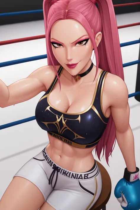 BREAK, score_6_up, score_7_up, score_8_up, score_9, 1girl, solo, kpdh_m1ra, long hair, dark pink hair, brown eyes, twintails, black choker, lipstick, makeup, official KPop Demon Hunters aesthetic, large breasts, busty, cleavage, curvy, athletic, looking at...