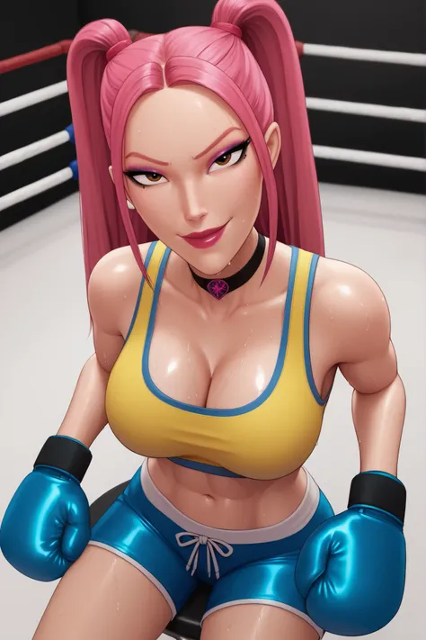 BREAK, score_6_up, score_7_up, score_8_up, score_9, 1girl, solo, kpdh_m1ra, long hair, dark pink hair, brown eyes, twintails, black choker, lipstick, makeup, official KPop Demon Hunters aesthetic, large breasts, busty, cleavage, curvy, athletic, looking at...