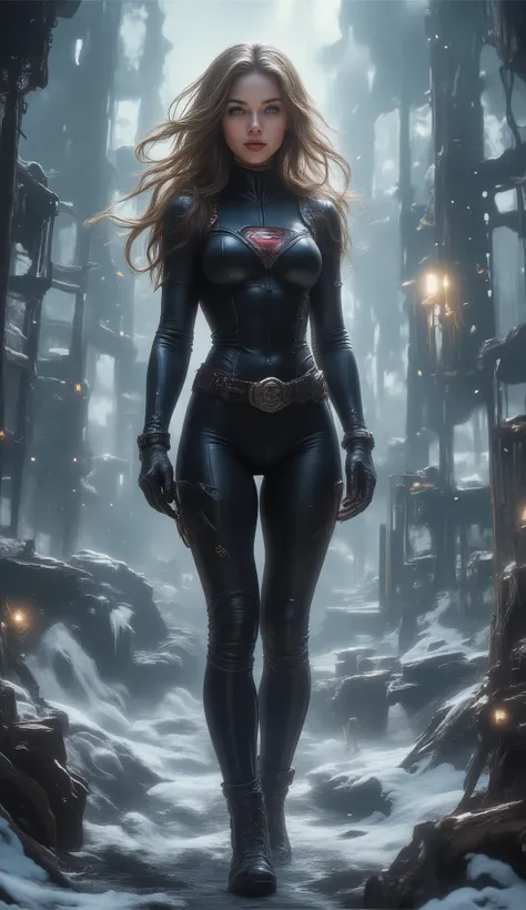 beautiful, sexy, sensual, tall, long brown-haired, 20-year-old TikTok model girl with long, slender legs, a thin waist, broad shoulders, large breast, Black form-fitting rubber diving suit that emphasizes her perfect figure, and High-heeled black leather b...