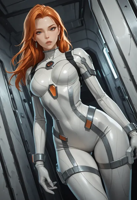 high resolution images, masterpiece, Highest Quality, amazing quality, official art, Highly detailed, Wallpaper, 1 girl, slender, wide hips, (slim thighs), A very attractive and slim woman wearing a tight spacesuit walks through the corridors of an abandon...