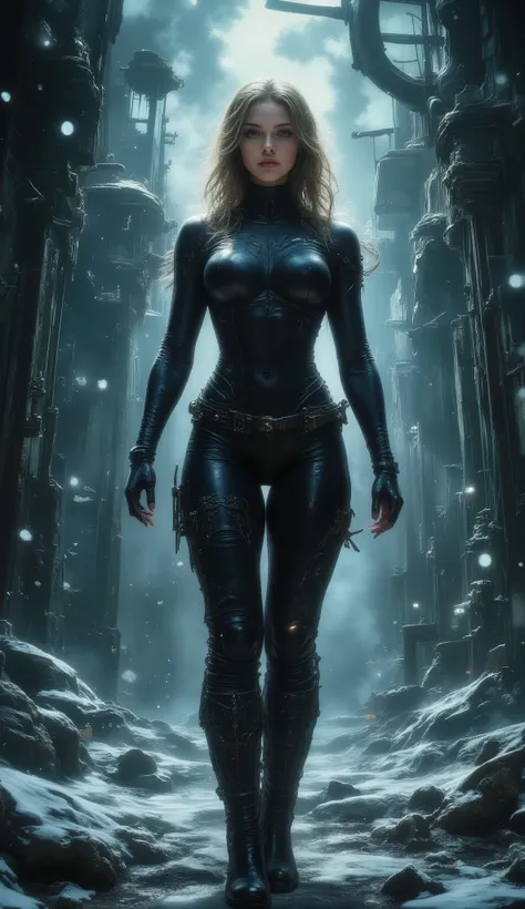 beautiful, sexy, sensual, tall, long brown-haired, 20-year-old TikTok model girl with long, slender legs, a thin waist, broad shoulders, large breast, Black form-fitting rubber diving suit that emphasizes her perfect figure, and High-heeled black leather b...