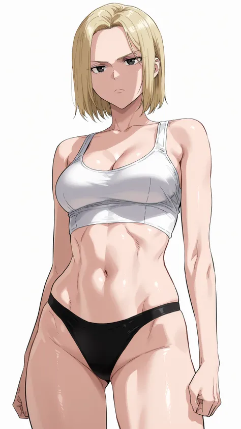 (masterpiece, very aesthetic, absurdres, expressive, perfect face, cartoon style, solo,) 
(white background:0.9), 
(sexy girl with short blonde hair, black eyes and medium breasts:1.0), (wearing white tanktop, black thong:1.0), (sexy athletic girl, short b...