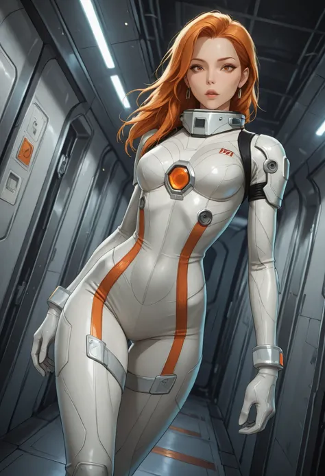 high resolution images, masterpiece, Highest Quality, amazing quality, official art, Highly detailed, Wallpaper, 1 girl, slender, wide hips, (slim thighs), A very attractive and slim woman wearing a tight spacesuit walks through the corridors of an abandon...