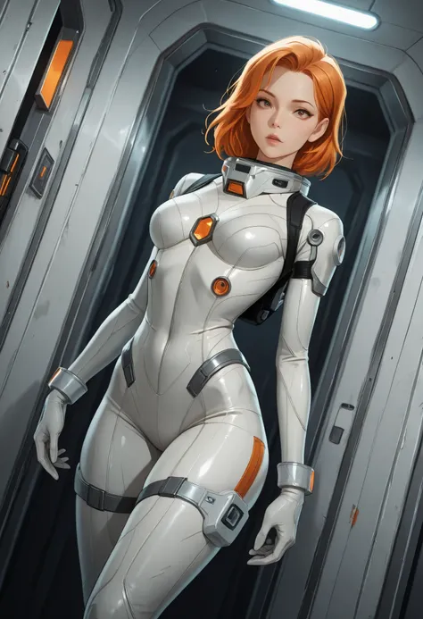 high resolution images, masterpiece, Highest Quality, amazing quality, official art, Highly detailed, Wallpaper, 1 girl, slender, wide hips, (slim thighs), A very attractive and slim woman wearing a tight spacesuit walks through the corridors of an abandon...