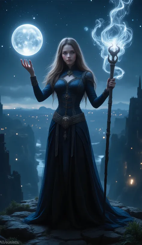realista. on top of a cliff, at night, In the sky there are stars but no moon, A young girl, beautiful and attractive, with long, straight brown hair, dressed in a tight tunic of black and dark blue tones she holds in her hand a ball of white light like th...