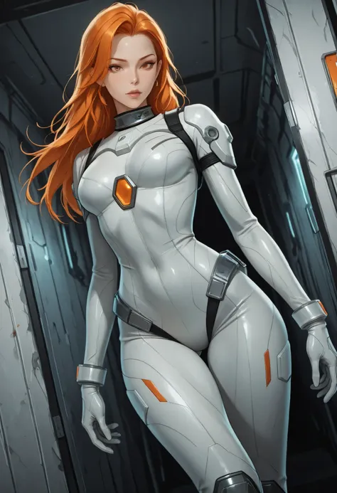 high resolution images, masterpiece, Highest Quality, amazing quality, official art, Highly detailed, Wallpaper, 1 girl, slender, wide hips, (slim thighs), A very attractive and slim woman wearing a tight spacesuit walks through the corridors of an abandon...