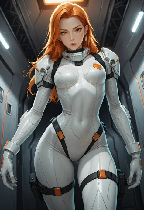 high resolution images, masterpiece, Highest Quality, amazing quality, official art, Highly detailed, Wallpaper, 1 girl, slender, wide hips, (slim thighs), A very attractive and slim woman wearing a tight spacesuit walks through the corridors of an abandon...
